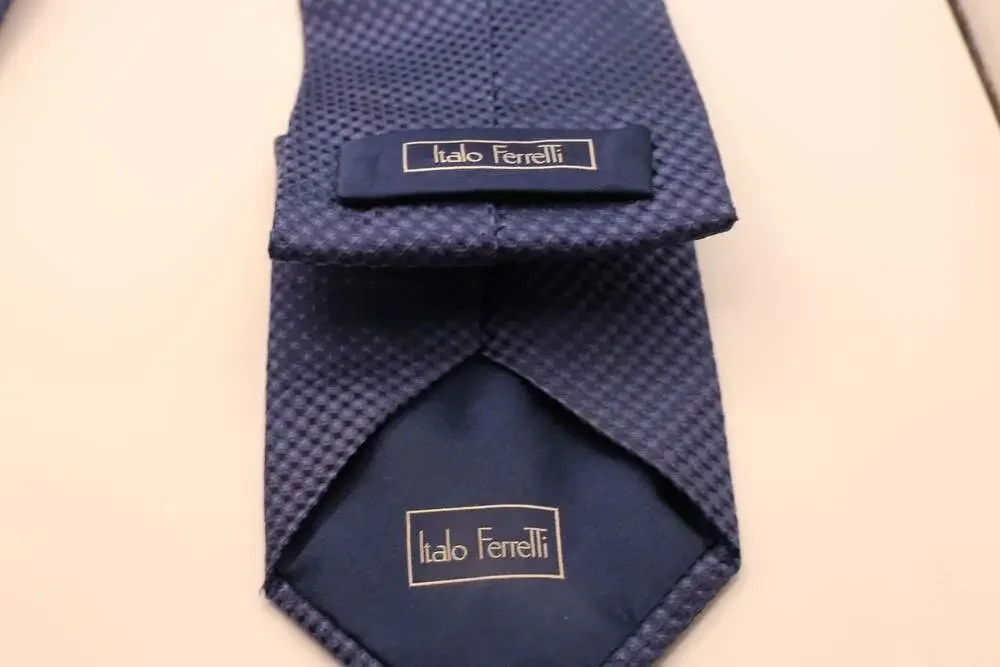 Italo Ferretti Handmade Italian Navy Blue Silk Geometric Pattern Necktie